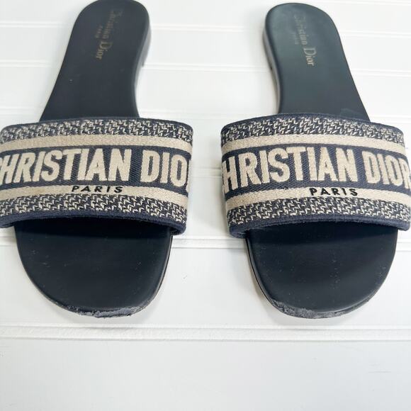 Christian Dior Dway Slides Black Navy Embroidered Logo Sandals 41 Slip-On Flats - Picture 2 of 7